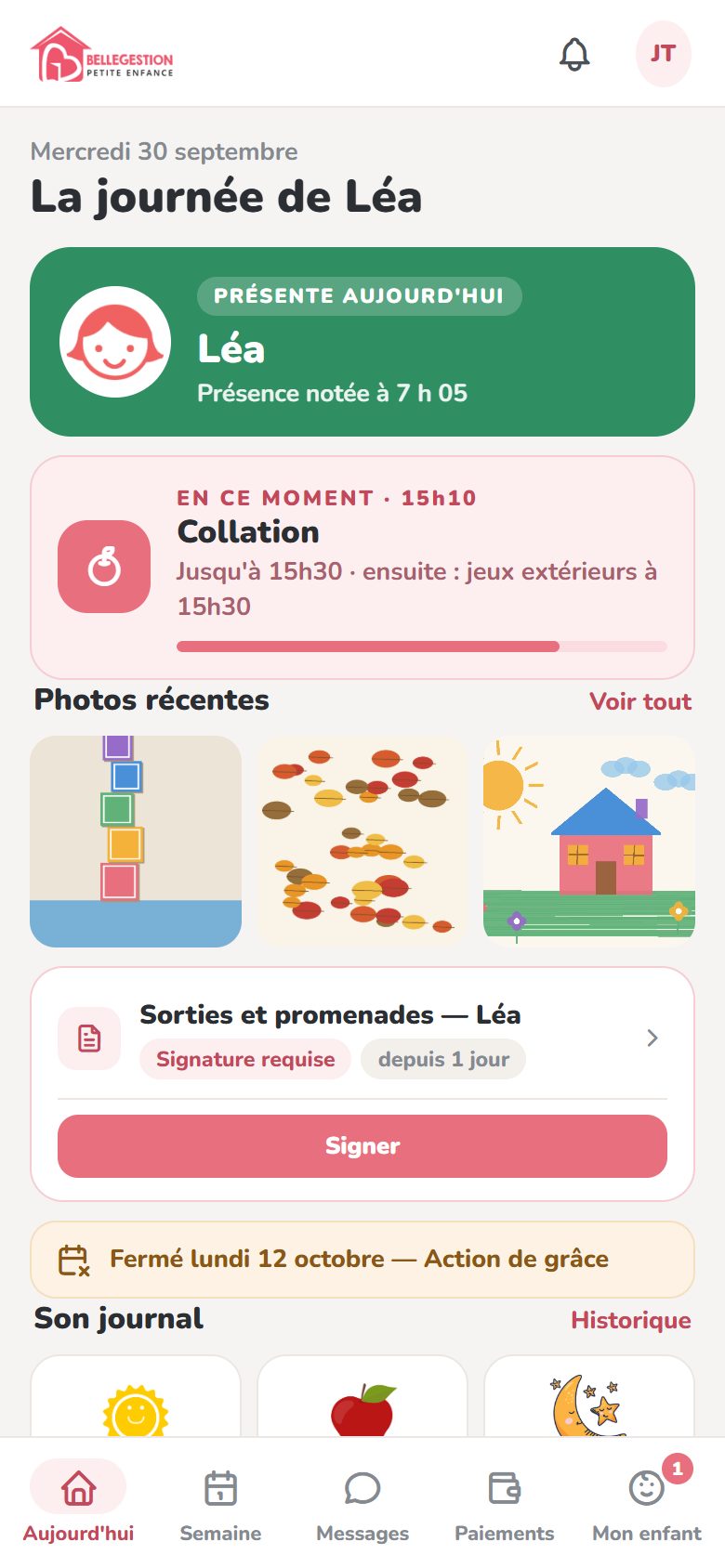Écran Aujourd’hui de l’application parents : Léa présente depuis 7 h 05, la collation en cours, les photos de la journée et une autorisation à signer