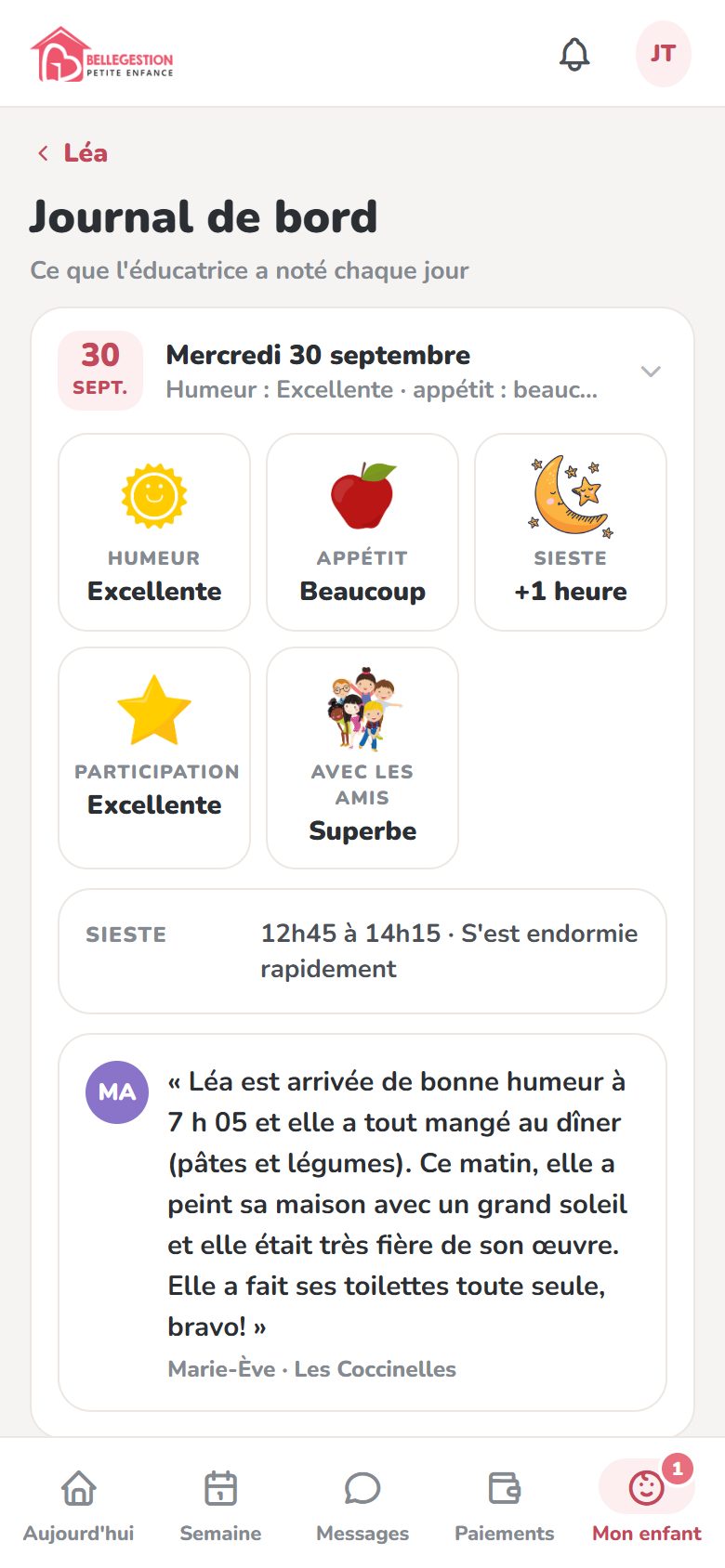 Écran Journal de bord : humeur, repas, sieste et un mot de l’éducatrice