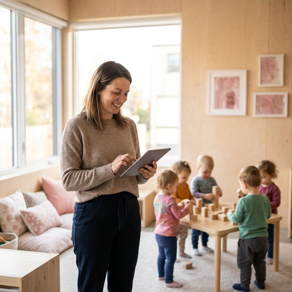 Une éducatrice utilise une tablette, des enfants jouent aux blocs derrière elle