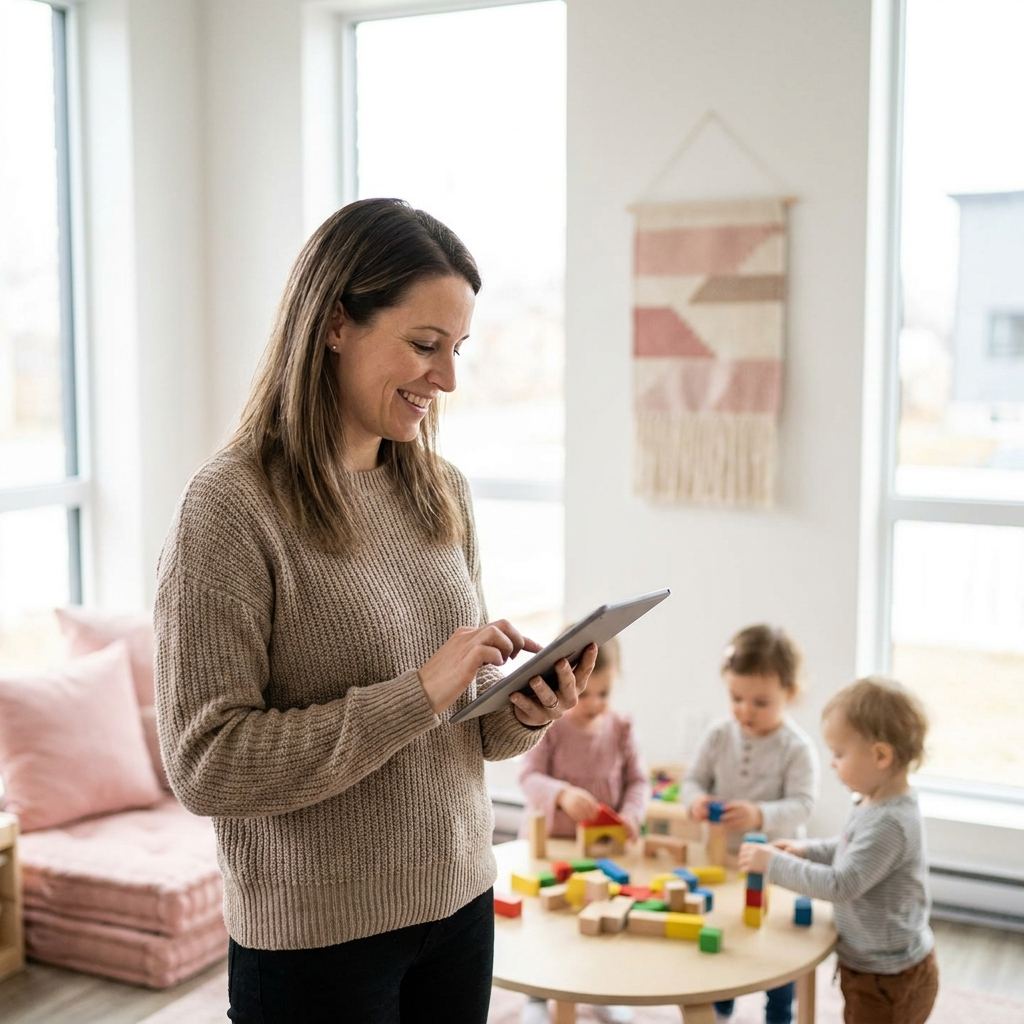 Une éducatrice consulte Bellegestion sur une tablette pendant que les enfants jouent